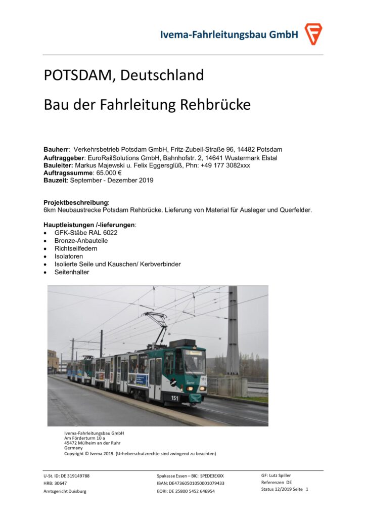 Referenz: 2019 POTSDAM, Deutschland - Bau der Fahrleitung Rehbrücke