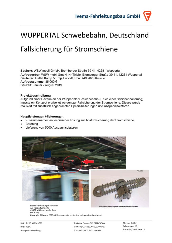 Referenz: 2019 WUPPERTAL Schwebebahn, Deutschland - Fallsicherung für Stromschiene