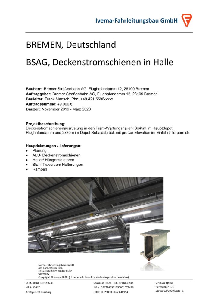 Referenz: 2020 BREMEN, Deutschland - BSAG, Deckenstromschienen in Halle