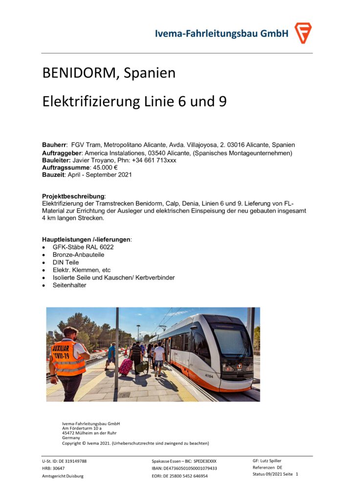 Referenz: 2021 BENIDORM, Spanien - Elektrifizierung Linie 6 und 9